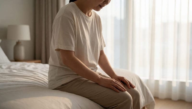 침대에 걸터앉아 아랫배를 손으로 누르며 통증을 느끼는 여성