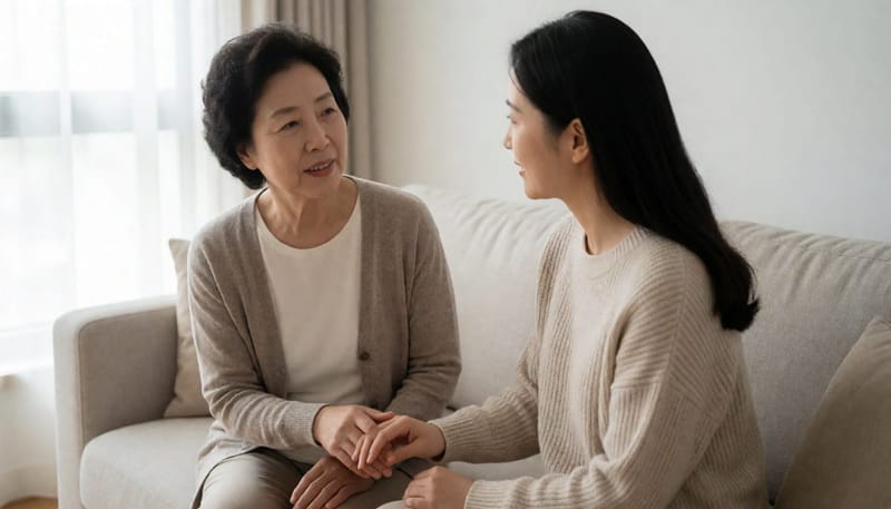 소파에 앉아 대화를 나누는 중년 여성과 젊은 여성