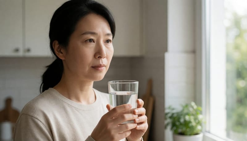 주방에서 물잔을 든 채 생각에 잠긴 여성