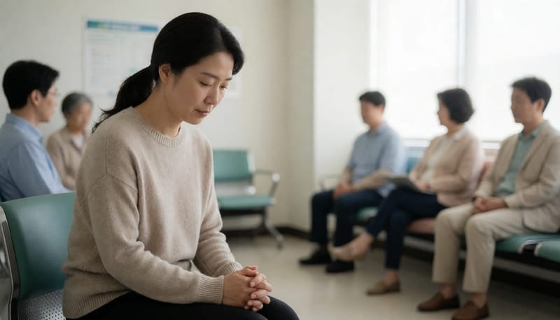 병원 대기실에서 손을 모으고 앉아있는 여성