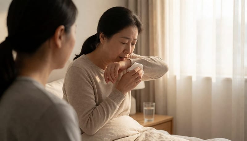 아침 침대에서 기침을 하며 휴지를 쥐고 있는 중년 여성의 모습