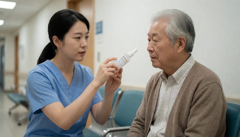간호사가 노년 환자에게 비강 스프레이 사용법을 시연하는 장면