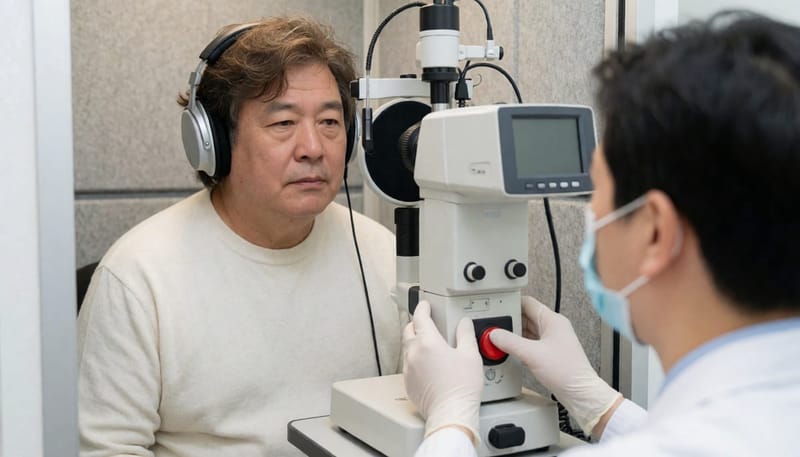 방음부스에서 진행되는 순음청력검사로 주파수별 청력 손실을 확인합니다.