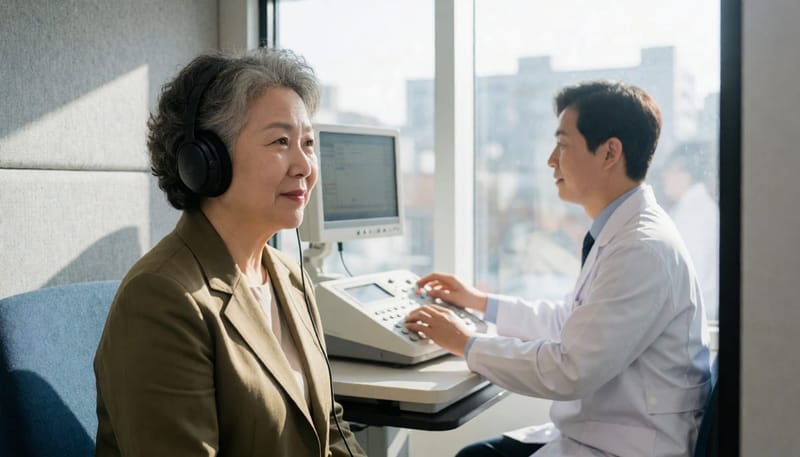 순음청력검사는 주파수별 청력 손실 정도를 수치로 확인하는 기본 검사입니다.