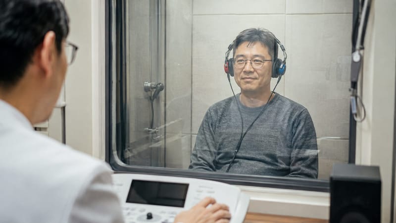방음부스에서 헤드폰을 착용하고 순음청력검사를 받는 모습