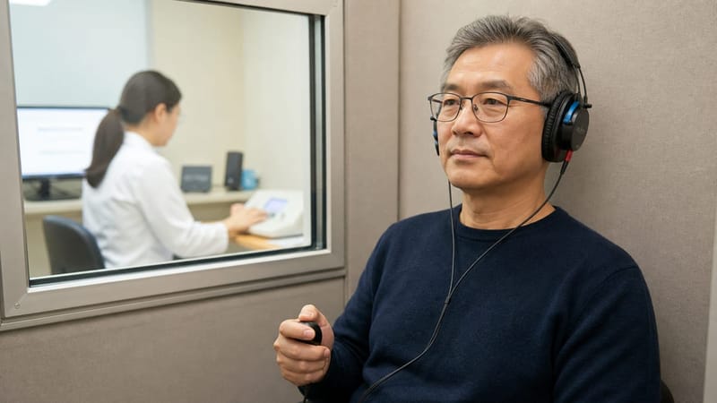방음부스에서 순음청력검사를 진행하는 모습입니다.