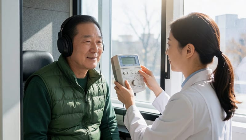 순음청력검사는 방음부스에서 여러 주파수의 소리를 들려주며 청력역치를 측정합니다.