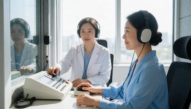 방음부스에서 진행되는 순음청력검사 모습입니다.
