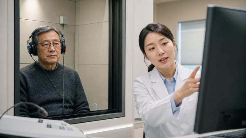 청각장애진단은 순음청력검사와 어음청력검사를 통해 확인된 청력역치를 기준으로 판정됩니다.