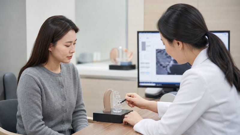 보청기 모델을 두고 진행되는 청력 상담 장면