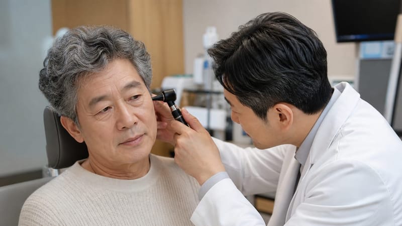이경으로 귀 상태를 확인하는 진료 장면