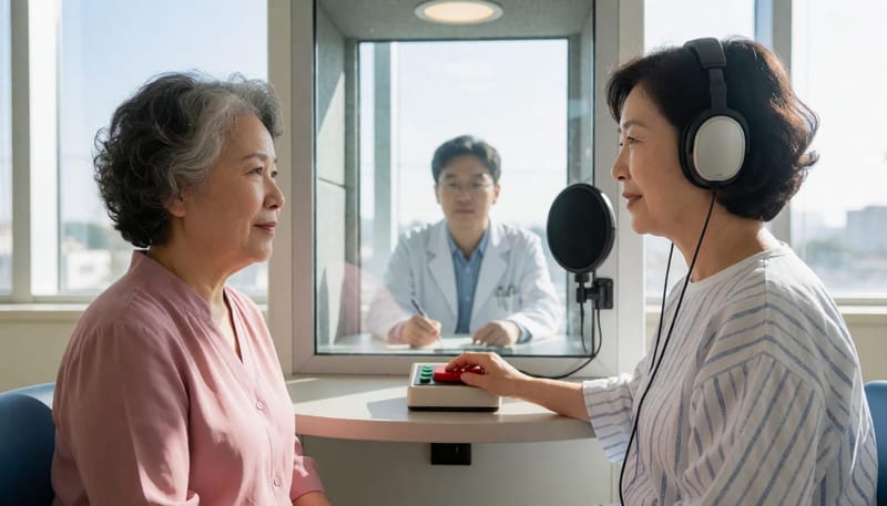 방음부스에서 진행하는 순음청력검사는 통증 없이 10~15분 정도 걸립니다.