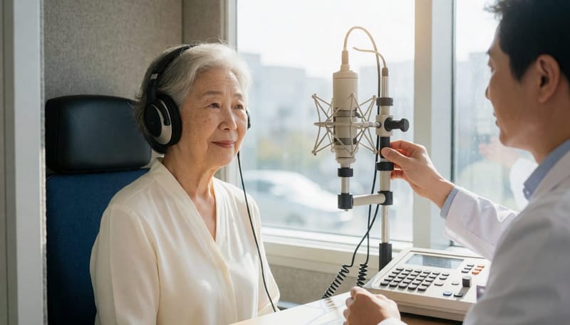 방음부스에서 순음청력검사를 받는 모습