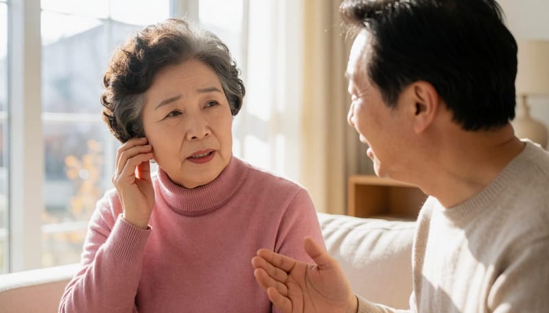 가족과 대화 중 소리를 놓쳐 귀를 감싸 쥔 모습