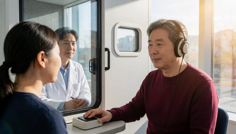 방음 부스에서 순음청력검사를 받는 모습입니다.