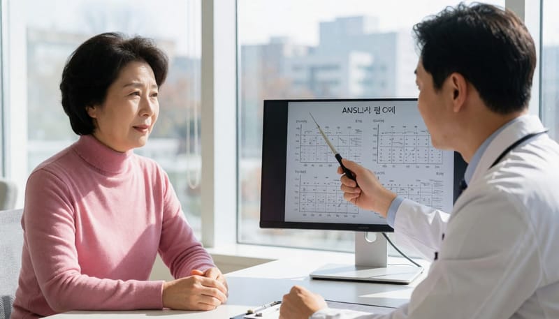 청력검사 결과를 바탕으로 보청기 착용 여부를 상담하는 모습입니다.