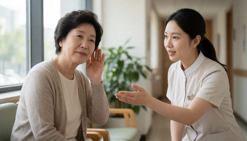 진료 전 대기실에서 귀에 손을 대고 소리를 확인하려는 중년 여성 환자