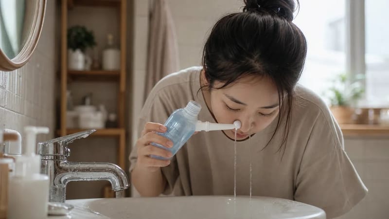 체온과 비슷한 온도의 식염수로 코를 세척하는 자가관리 방법입니다.
