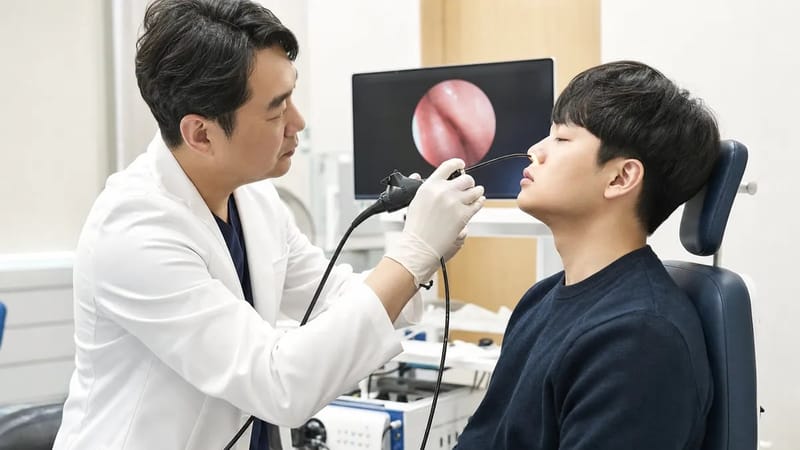 비내시경으로 콧속 상태를 확인하는 진료 과정입니다.