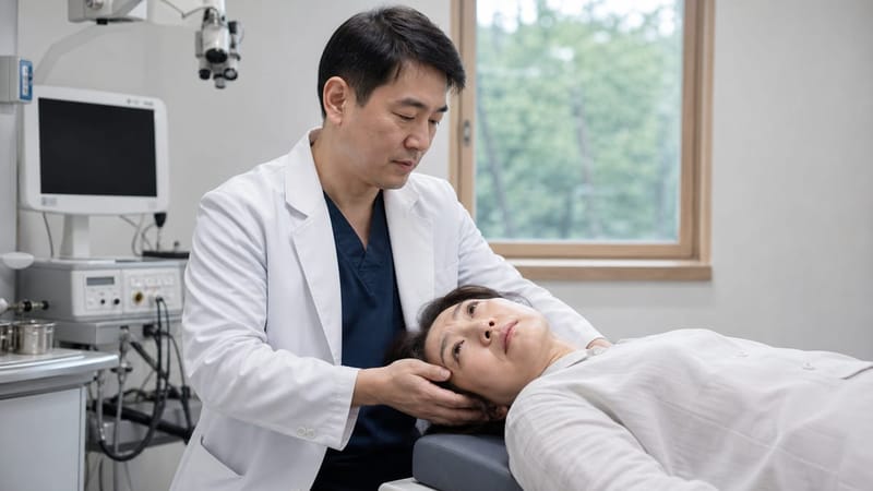 자세 변화에 따른 안진을 확인하는 검사로 이석증 여부를 비교적 빠르게 판단할 수 있습니다.