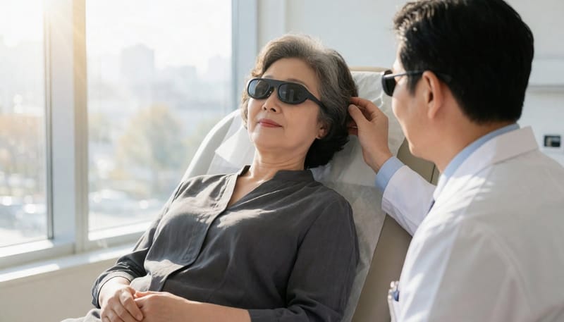 안진 검사를 위해 특수 고글을 착용하고 위치 변화 검사를 받는 모습
