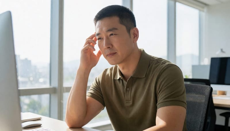 업무 중 갑자기 어지럼을 느껴 잠시 눈을 감은 30대 남성의 모습