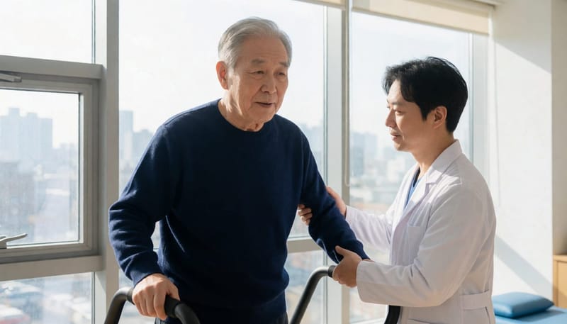 의료진의 도움을 받아 균형 훈련을 하고 있는 70대 남성의 모습