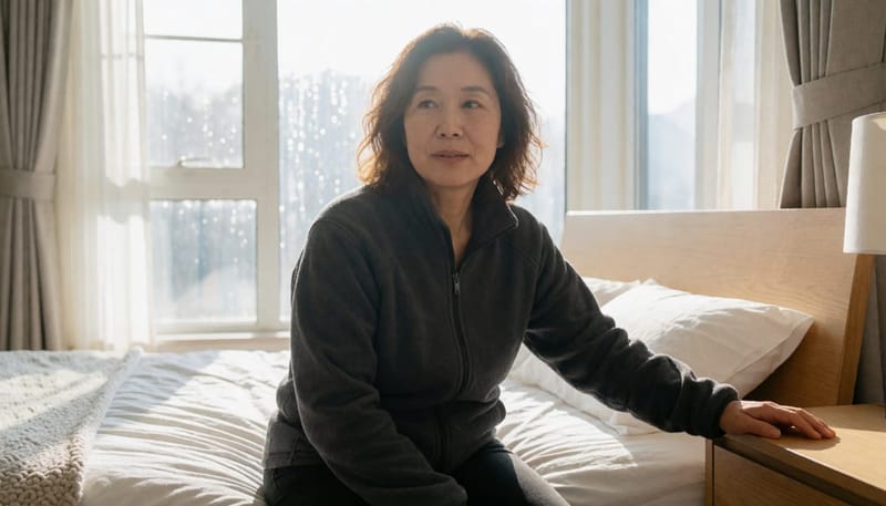 아침에 일어나기 전 잠시 몸의 균형을 확인하는 모습