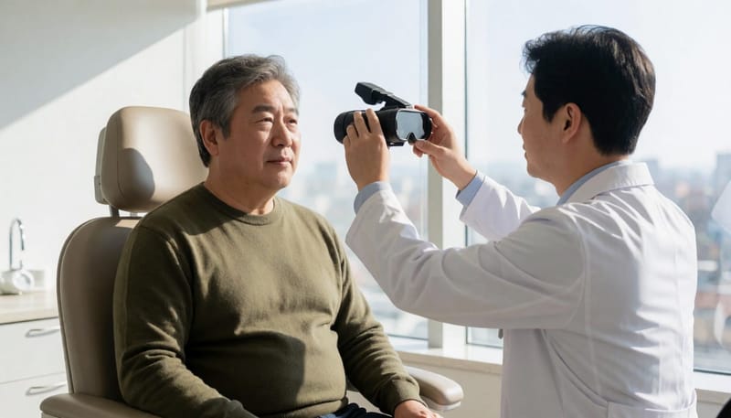 안진검사로 눈의 움직임을 확인하는 진료 장면