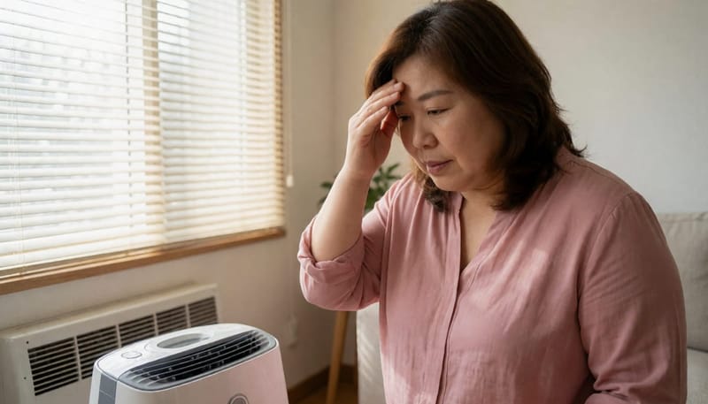 난방을 켠 아침, 건조한 실내 공기 속에서 어지럼증을 느끼는 모습
