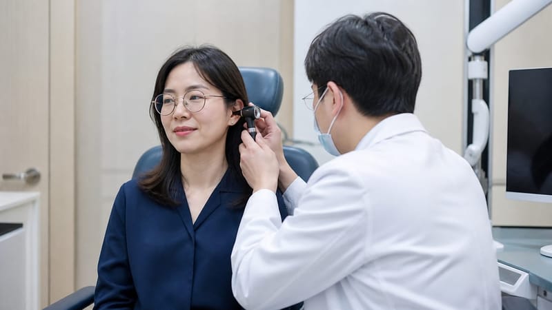 어지럼증 원인 파악을 위해 귀 상태를 확인하는 진료 장면
