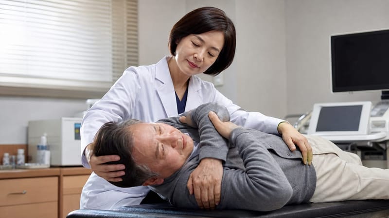 이석증 진단을 위한 자세 검사 장면
