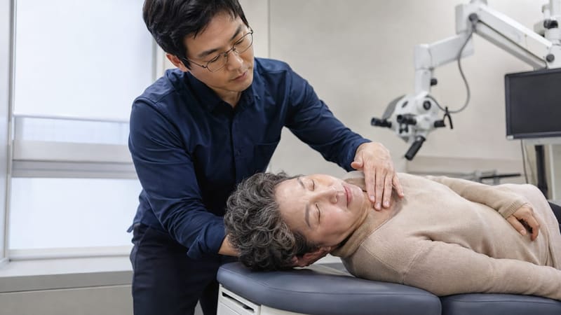 진료실에서 고개와 몸의 자세를 순서대로 바꾸며 이석을 제자리로 되돌리는 관내이석정복술 모습입니다.