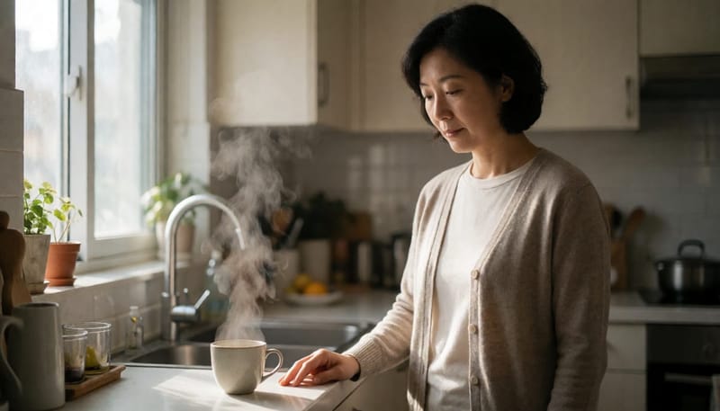 주방에서 잠시 어지러움을 느껴 손으로 조리대를 짚은 중년 여성