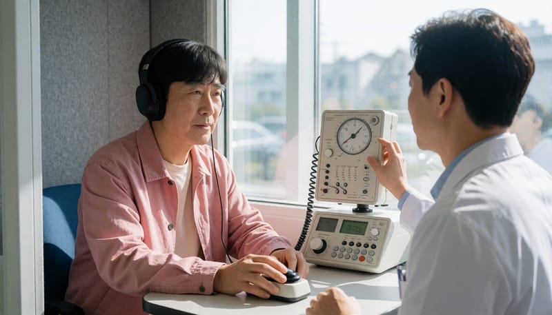 순음청력검사는 방음부스에서 주파수별 소리를 들려주며 진행됩니다.