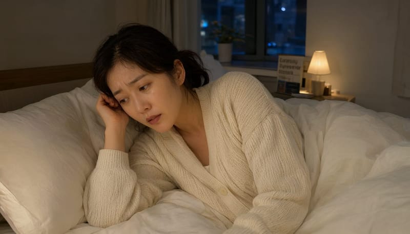 조용한 밤, 이명 소리가 더 크게 느껴지며 잠을 설치는 모습