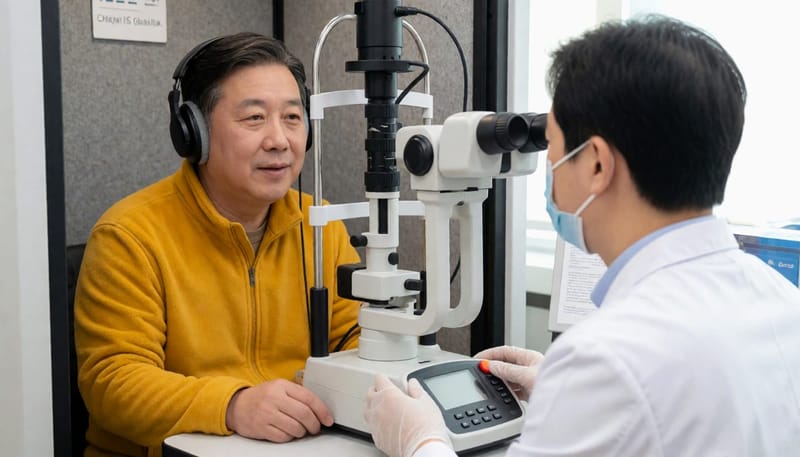 방음부스에서 진행되는 순음청력검사 장면