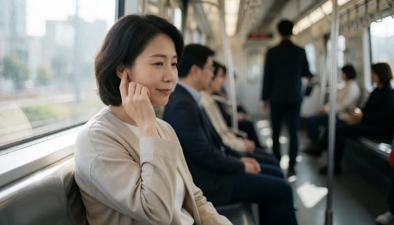 지하철에서 귀 주변을 만지며 소리를 신경 쓰는 여성의 모습