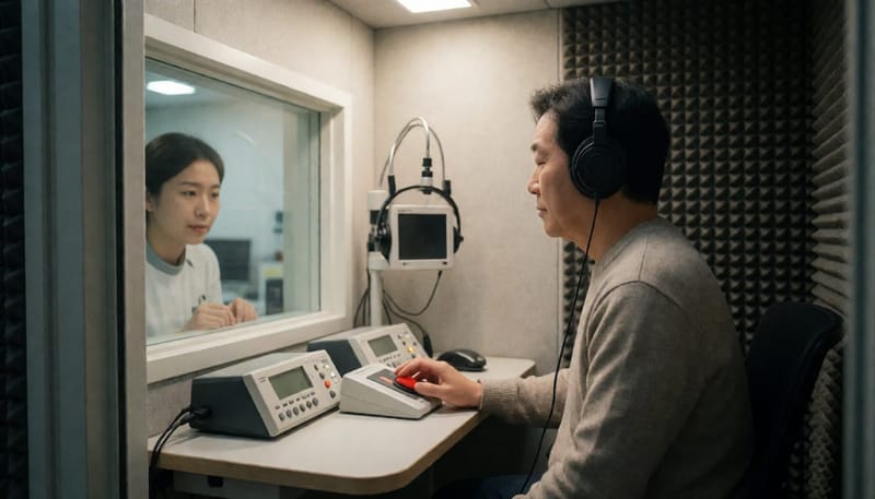 방음 부스에서 헤드폰을 끼고 청력 검사를 받는 남성의 모습