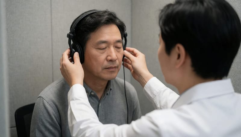 방음부스에서 헤드셋을 착용하고 청력검사를 받는 남성 환자의 모습