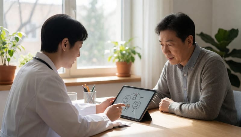 의사와 환자가 마주 앉아 치료 방향을 상담하는 모습
