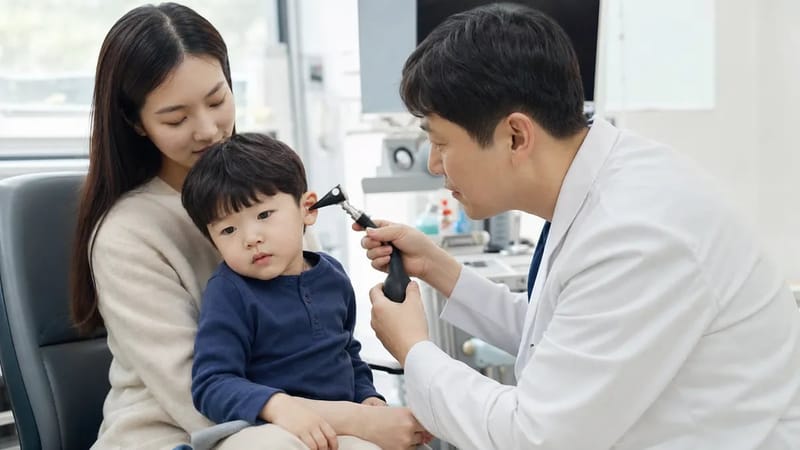 공기주머니로 압력을 줘 고막의 움직임을 확인하는 검사 장면입니다.