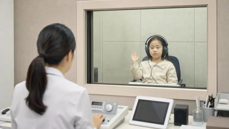 방음실에서 소리 반응을 기록하는 청력검사 장면입니다.