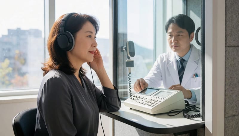 청력검사실에서 순음청력검사를 받는 모습입니다.