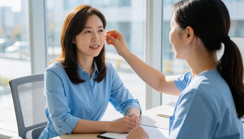 보청기 적합 상담을 받으며 기기 조정을 확인하는 모습입니다.