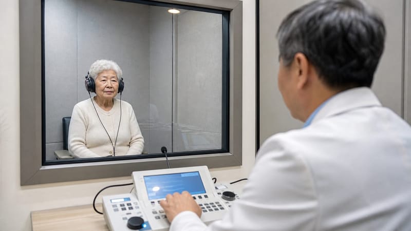 청력검사는 주파수별로 들을 수 있는 가장 작은 소리 크기를 측정합니다