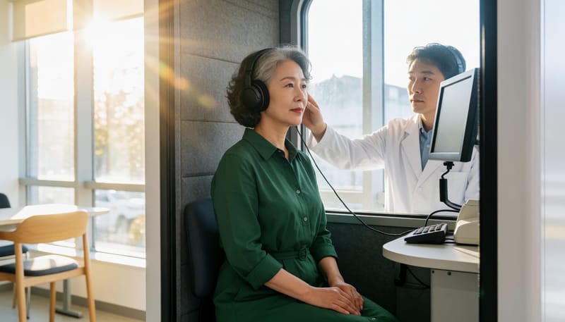 순음청력검사는 방음부스 안에서 주파수별 소리를 들려주며 청력 정도를 측정하는 검사입니다.