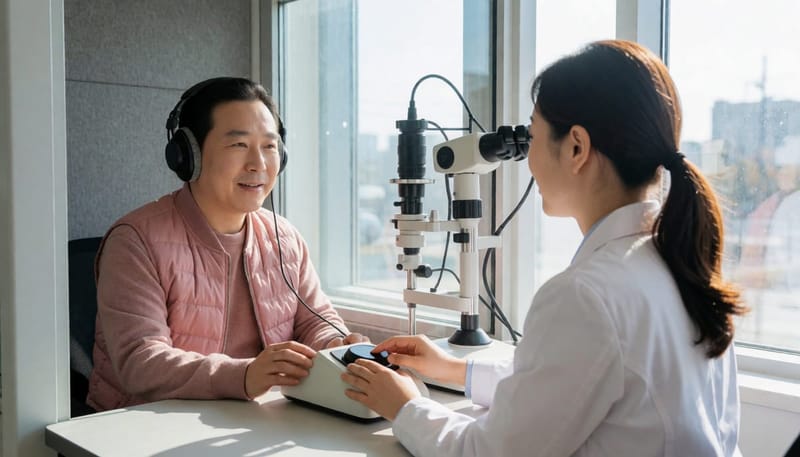 방음 부스에서 순음청력검사를 받는 모습