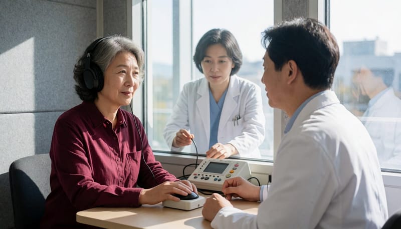 방음 부스에서 진행되는 순음청력검사는 치료 방향을 정하는 첫 단계입니다.
