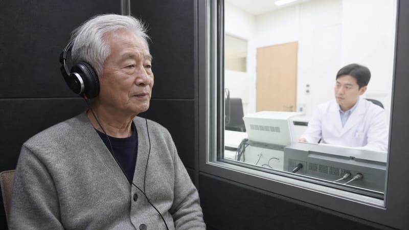 방음 부스에서 순음청력검사를 받는 모습입니다.